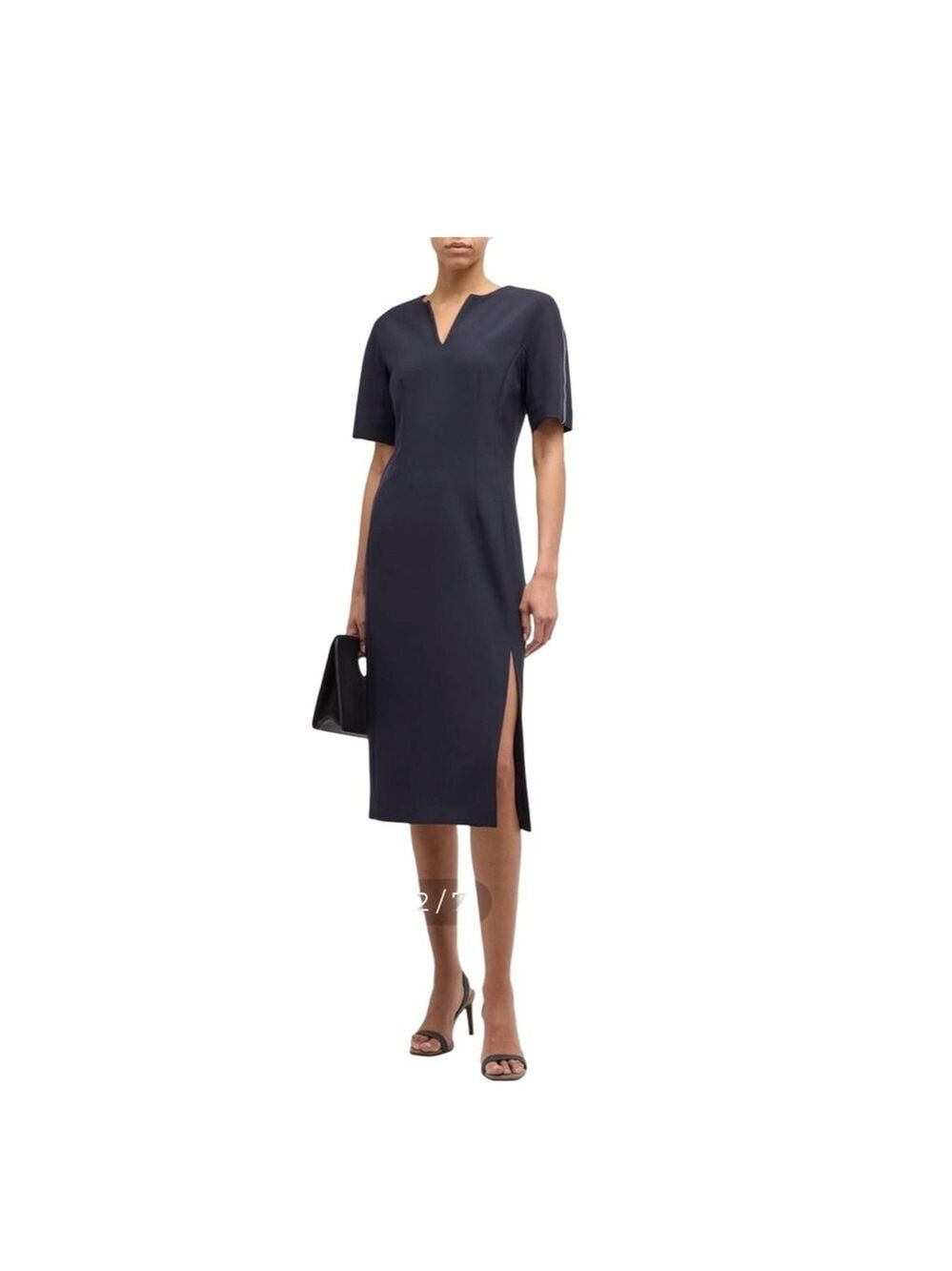 Peserico Short Sleeve Inkwell Blue Chain-Trim V-Neck Midi Dress NWT Size 8